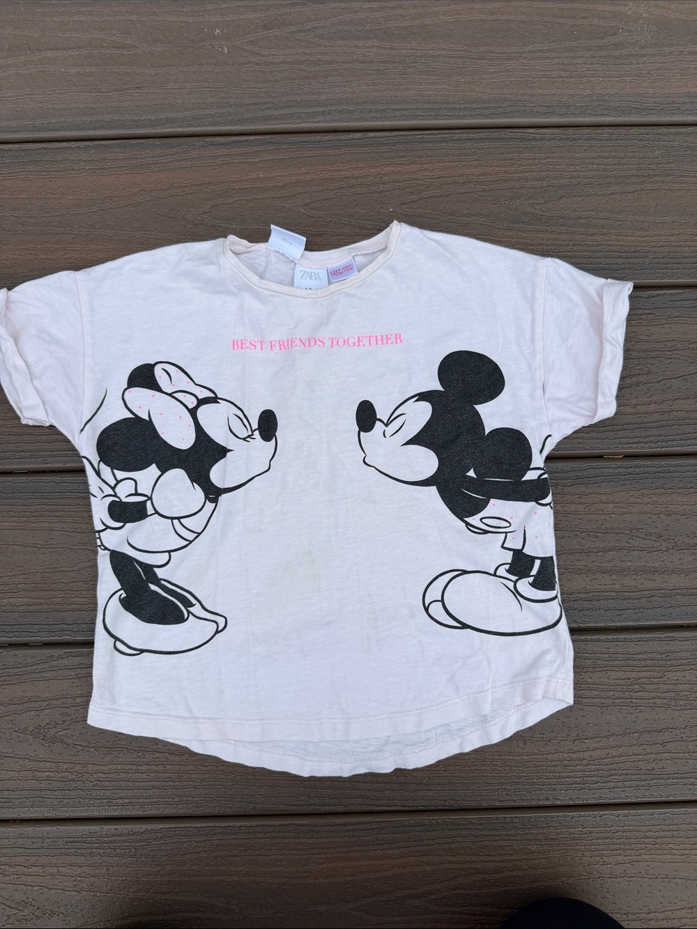 Zara White Kids Mickey & Minnie Tee with Pink Text